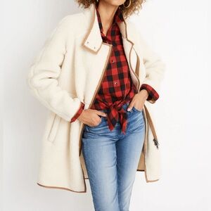 Madewell Women Sherpa Jacket Small Cocoon Coat Cream BrownTeddy Long Zip Collar